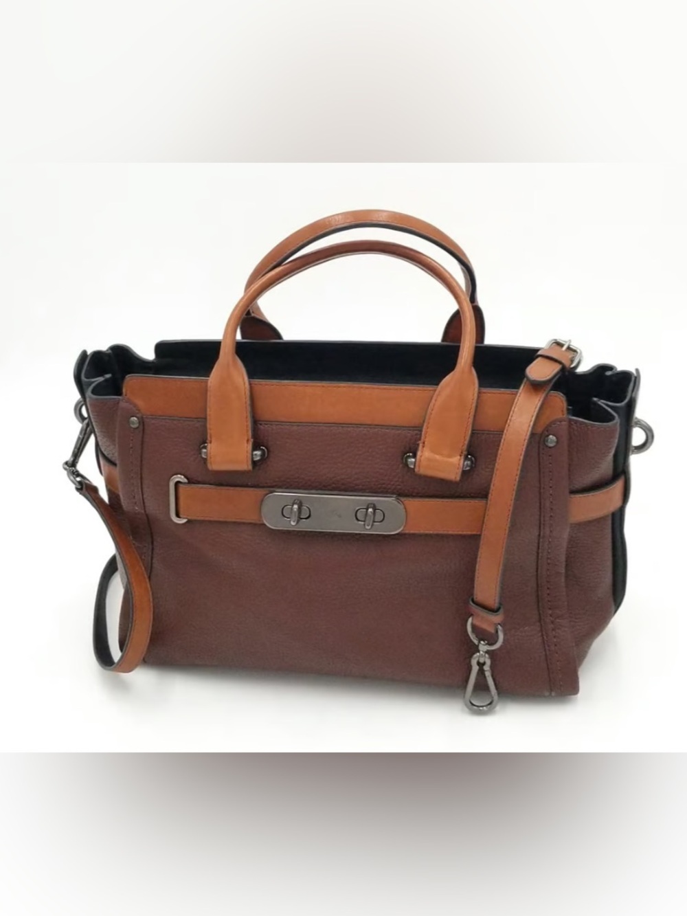 Coach Swagger Saddle & Mahogany Leather Satchel Handbag with Tan Accents medium